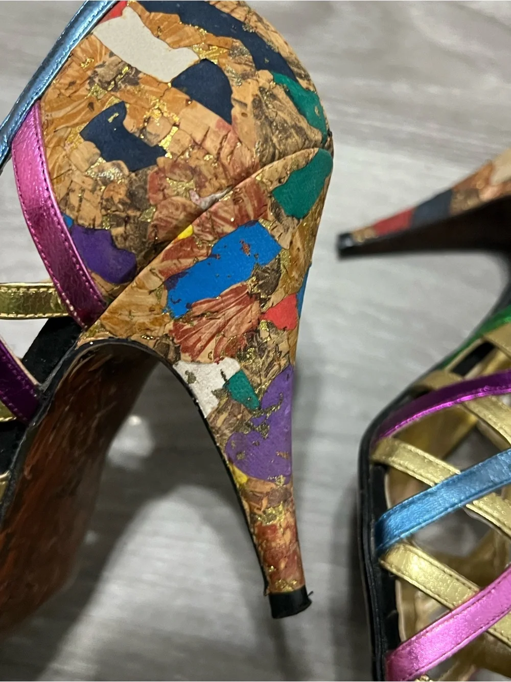 Adora Vintage Metallic Heels Strappy  Cork Mosaic Size 7 M  Colorful Shoes Y2K